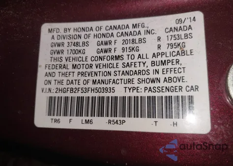 2015 Honda Civic Lx from USA, damaged, VIN 2HGFB2F53FH503935